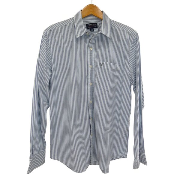 AEO Blue Striped Shirt Athletic Size L Casual Preppy Core Workwear Y2K Button-Up - Picture 1 of 8